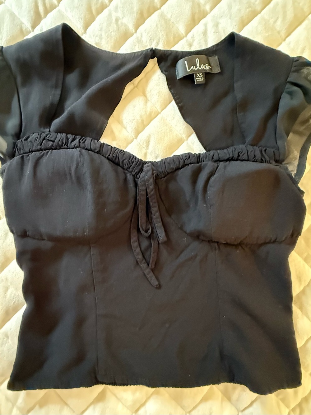 Lulus Black Sweetheart Bustier Top Sheer Cap Sleeve Tie Front Size XS